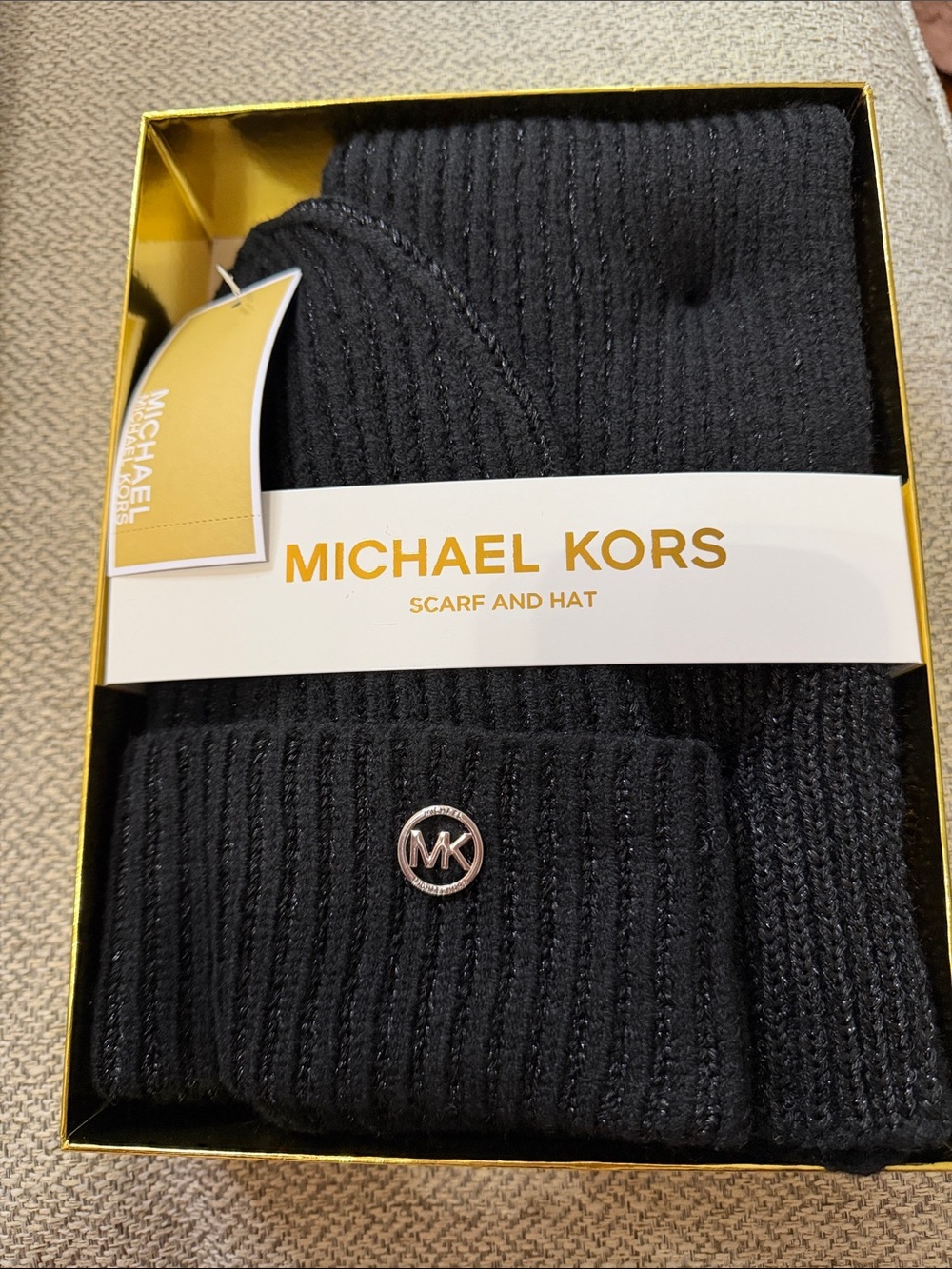 Michael Kors Black Ribbed Knit Beanie & Scarf Gift Set